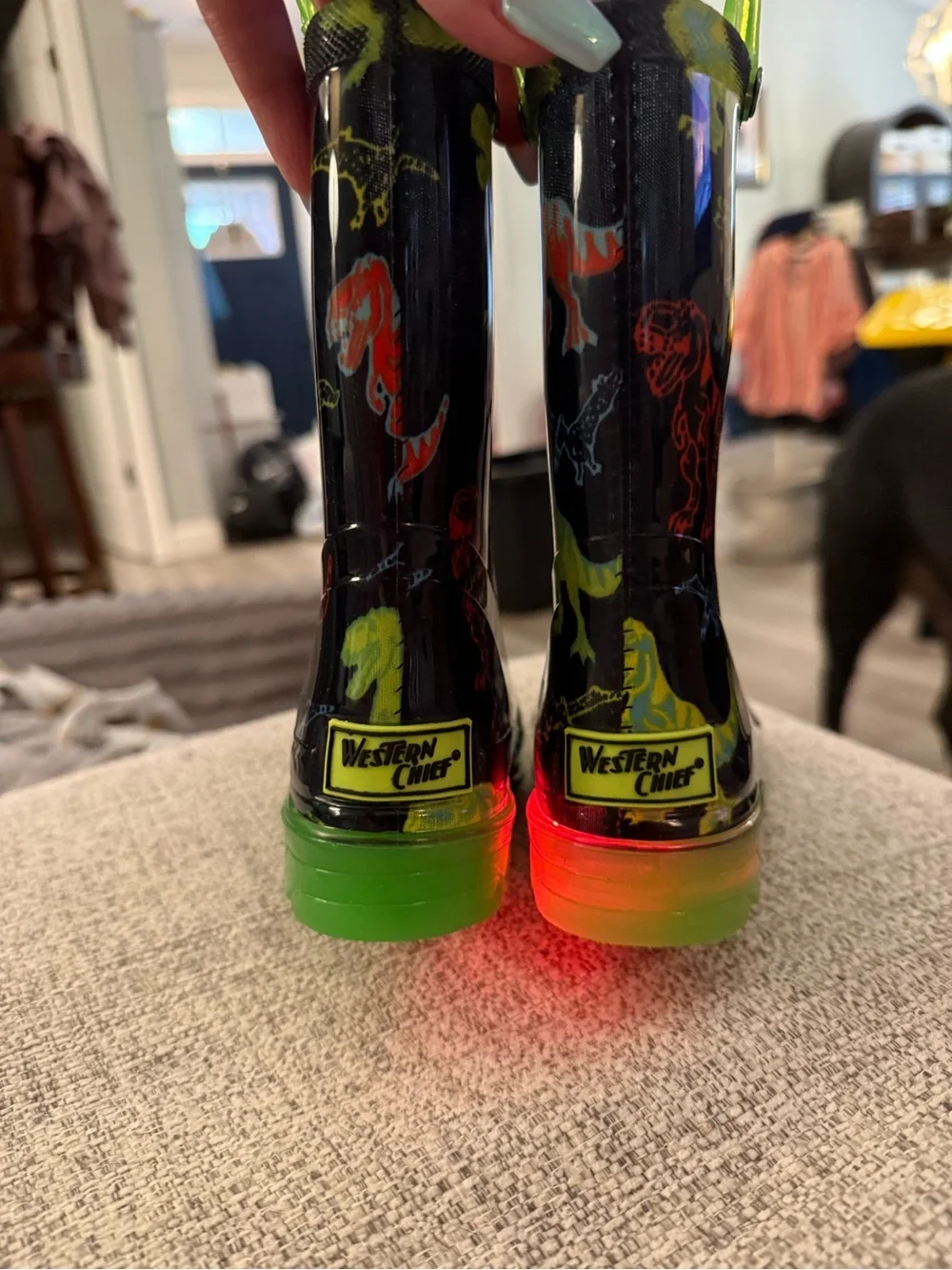 Cat & Jack Black Rain Boots with Neon Green Handles and Soles